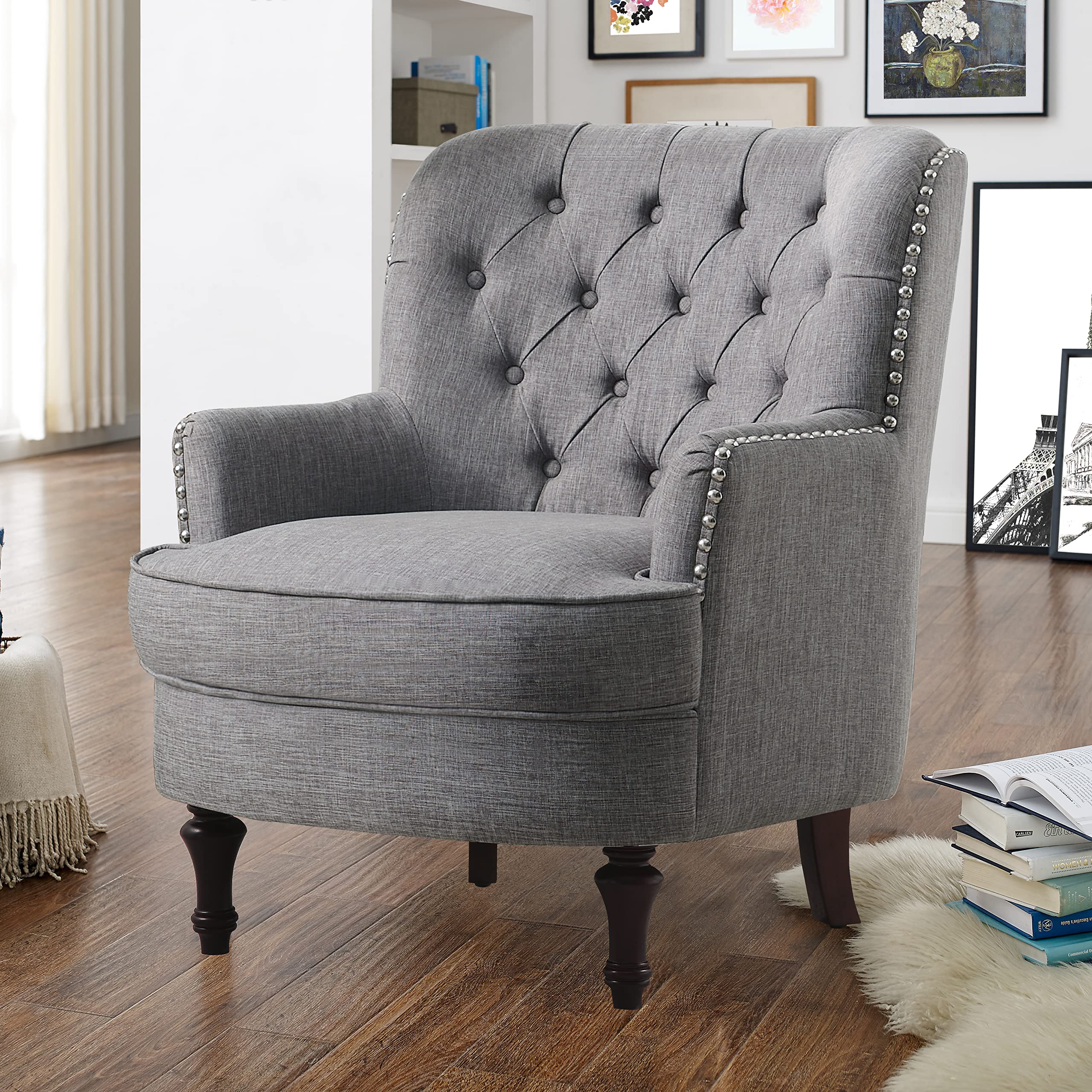 Rosevera Gustavo Modern Furniture Reading Arm Living Room Comfy Small Accent Bedroom Chairs, Standard Size, Linen Gray
