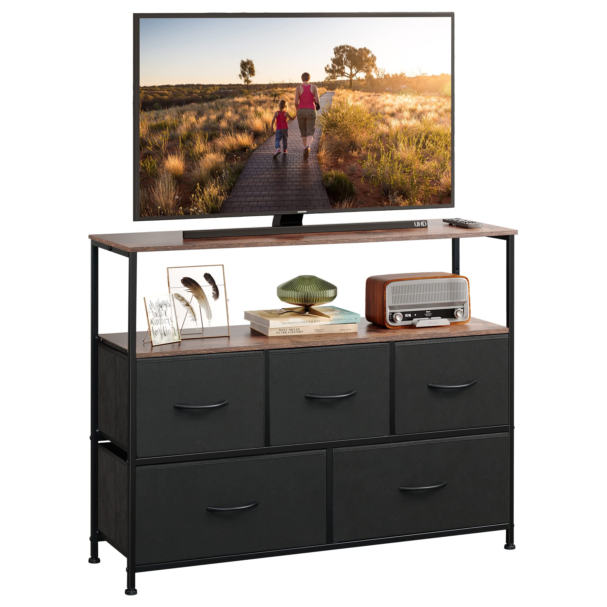 WLIVE Dresser TV Stand, Entertainment Center with Fabric Drawers, Media Console Table with Open Shelves for TV up to 45 inch, Storage Drawer Unit for Bedroom, Living Room, Black and Rustic Brown