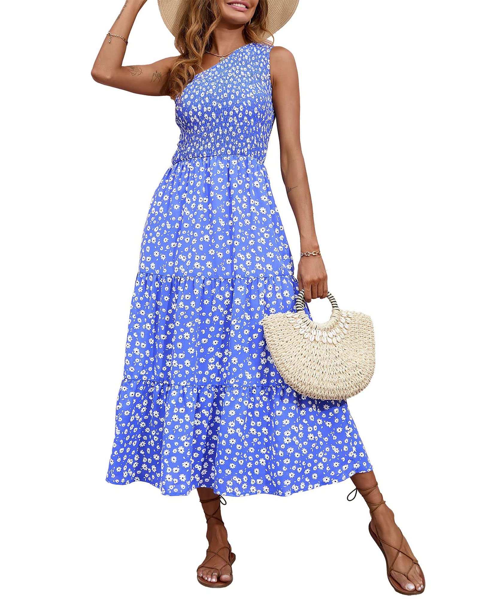 Women One Shoulder Sleeveless Casual Summer Dresses 2023 Smocked High Waist Floral Flowy Beach Boho Maxi Dress