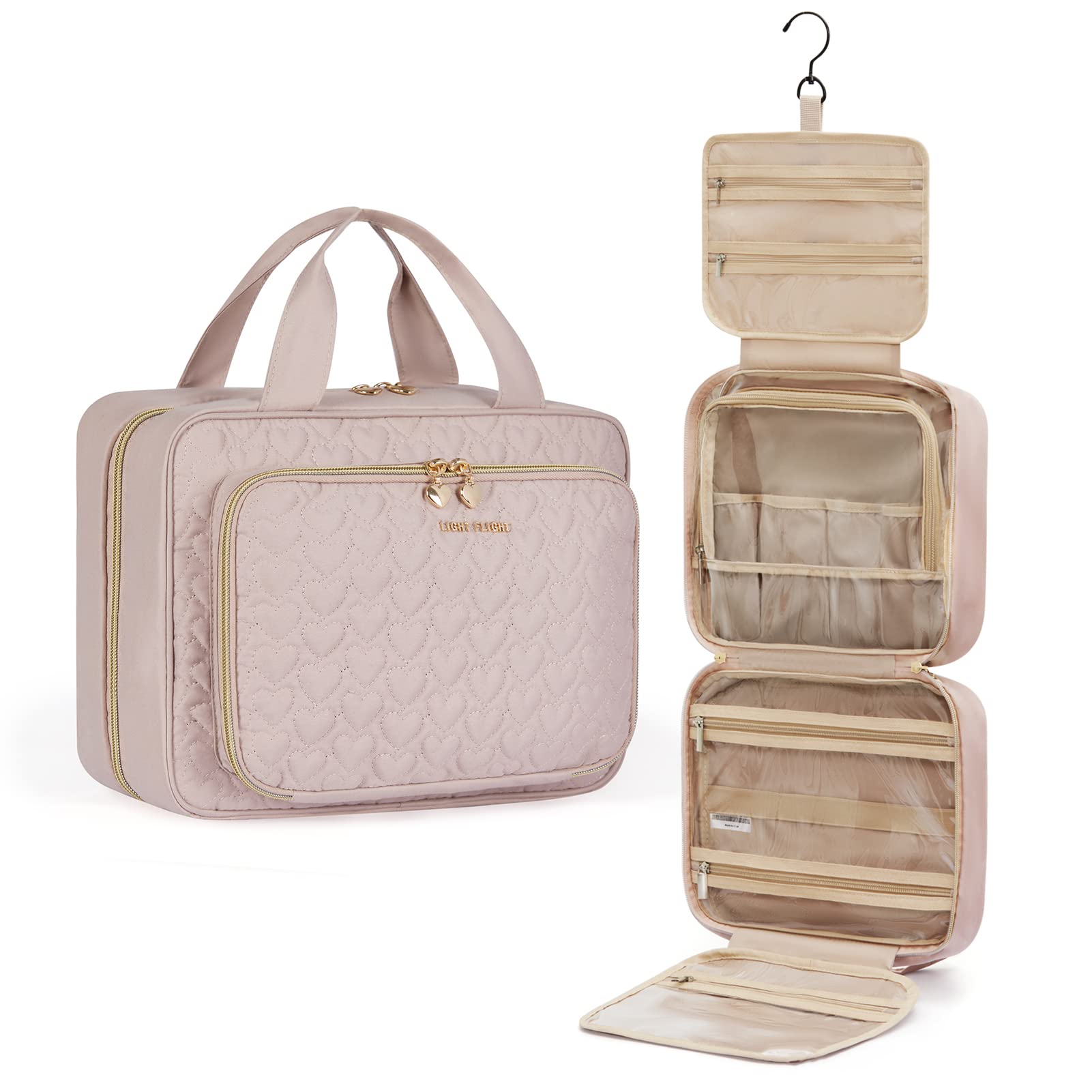 Toiletry Bag For Women, Makeup Organizer, Makeup Bag for Full Sized Toiletries, Large Capacity Cosmetic Bag with Hanging Hook, Pink