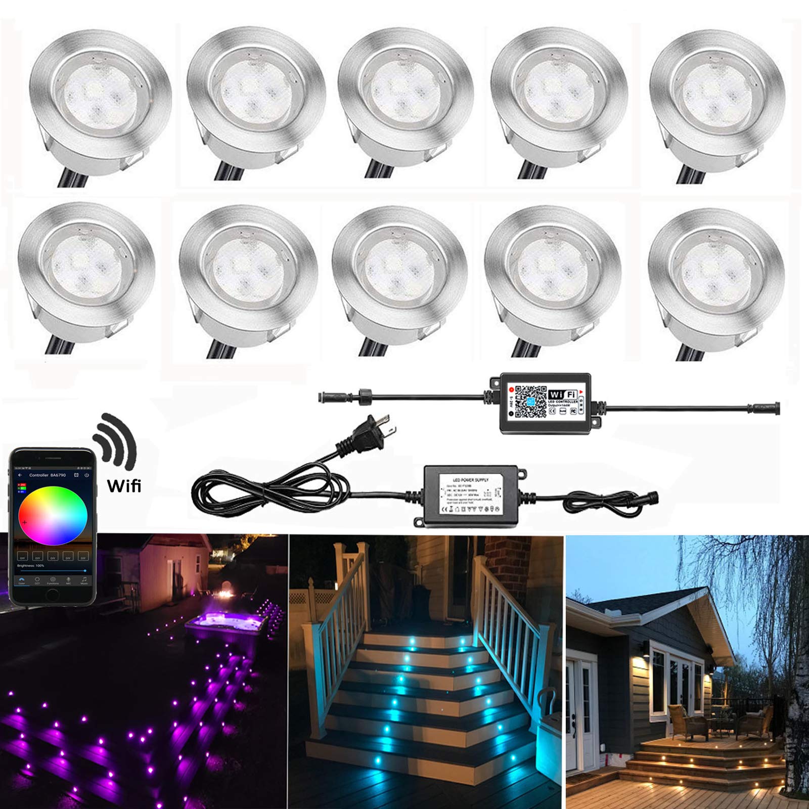 QACA Smart LED Deck Lights Kit WiFi Controlled Color Changeable, Φ1.38“ Outdoor IP67 Waterproof Low Voltage Step Lights In-Ground Lighting Kit, Works with Samrt Phone, Alexa and Google Home,10 Pack