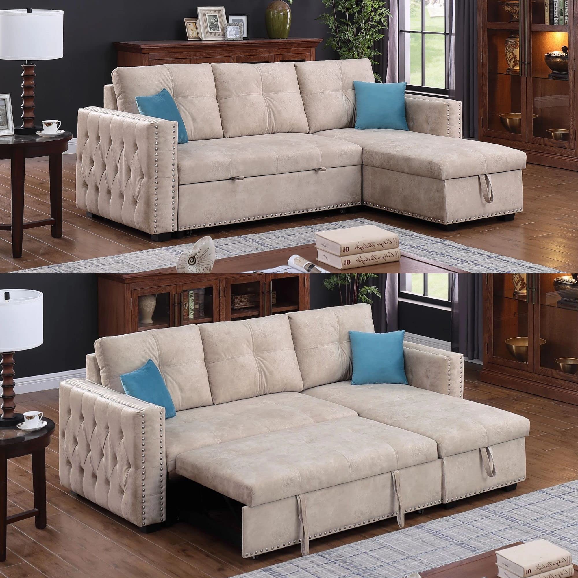 HABITRIO Sectional Sofa with Chaise, 91" L-Shape Loveseat Couch w/Roll-Out Sleeper Bed, Reversible Storage Lounge, 2 Pillows, Grey Velvet Upholstered Nailhead Trim Seating Furniture for Living Room