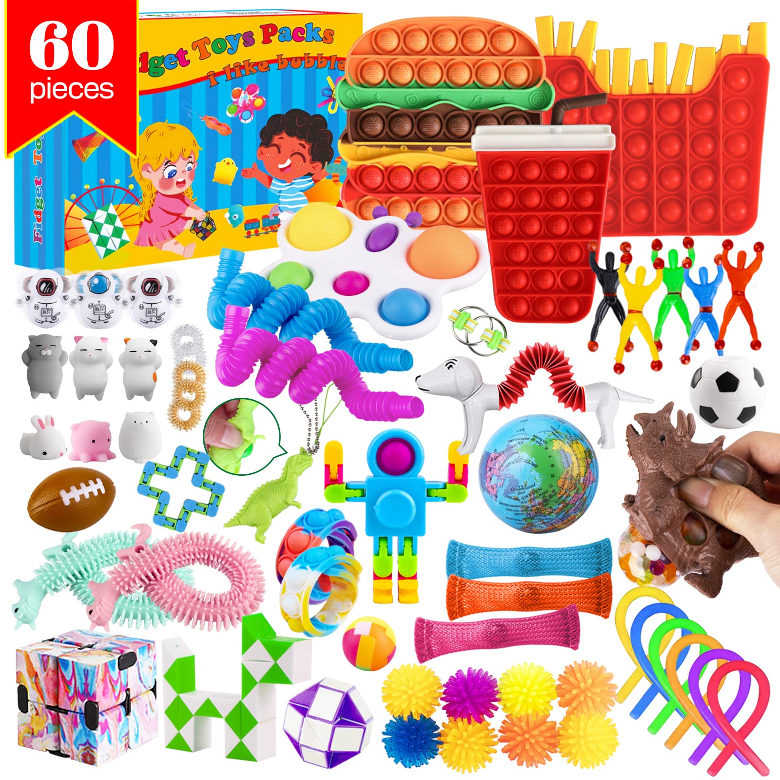 QNQE Fidget Toys Pack for Kids Adults, Autism Sensory Toy Game for Relieves Stress&Anxiety, Pop Its Toy Set for Classroom Prizes Party Favor Gifts for Boys Girls - 60PCs