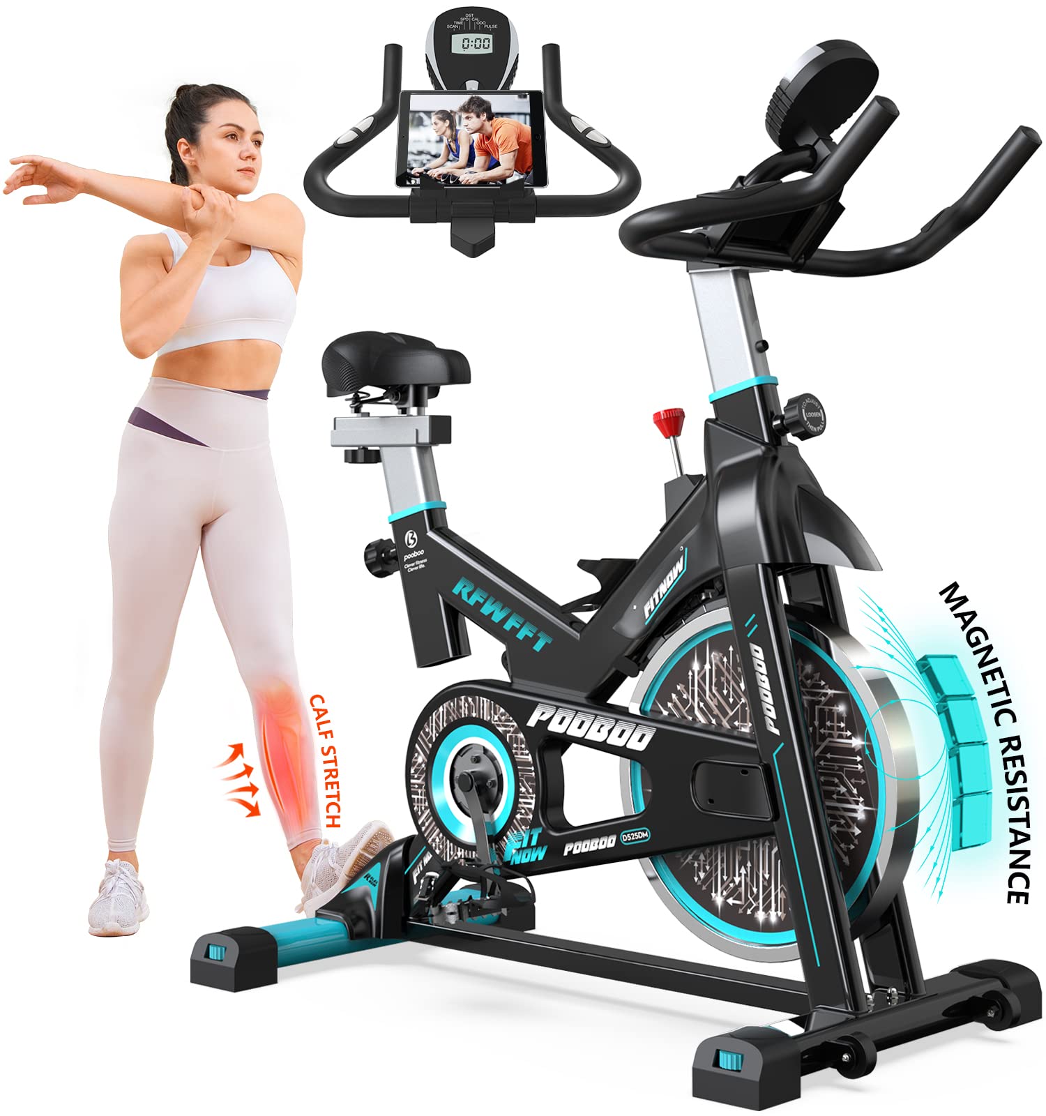 pooboo Magnetic Resistance Indoor Cycling Bike, Belt Drive Indoor Exercise Bike Stationary LCD Monitor with Ipad Mount ＆Comfortable Seat Cushion for Home Cardio Workout Cycle Bike Training Upgraded Ve