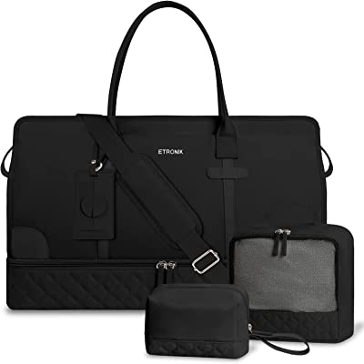 Weekender Overnight Bag for Women, Large Travel Duffle Bag with Shoe Compartment & Wet Pocket, Carry On Tote Bag Gym Duffel Bag with Toiletry Bag, Mommy Bag for Hospital 4 Pcs Set, Black