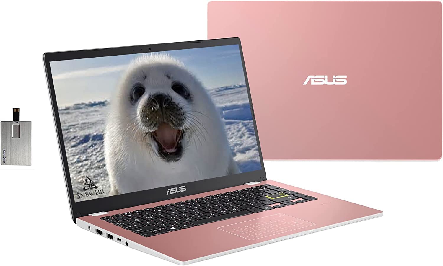 Asus 2022 14'' HD Laptop, Intel Celeron N4020 Processor, 4GB RAM, 64GB eMMC , Webcam, Graphics 500, Bluetooth, Windows 11 S, Rose Gold, 32GB SnowBell USB Card