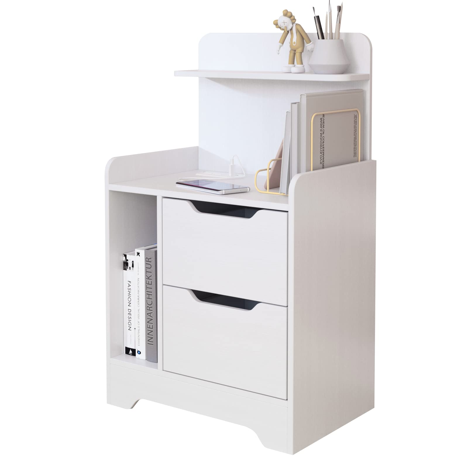 hosote White Nightstand with Charging Station USB Port Open Storage Shelf 2 Storage Drawers, Bedroom Furniture, Night Stand Bedside Table Bed Side Table End Table Sofa Table for Living Room Bedroom