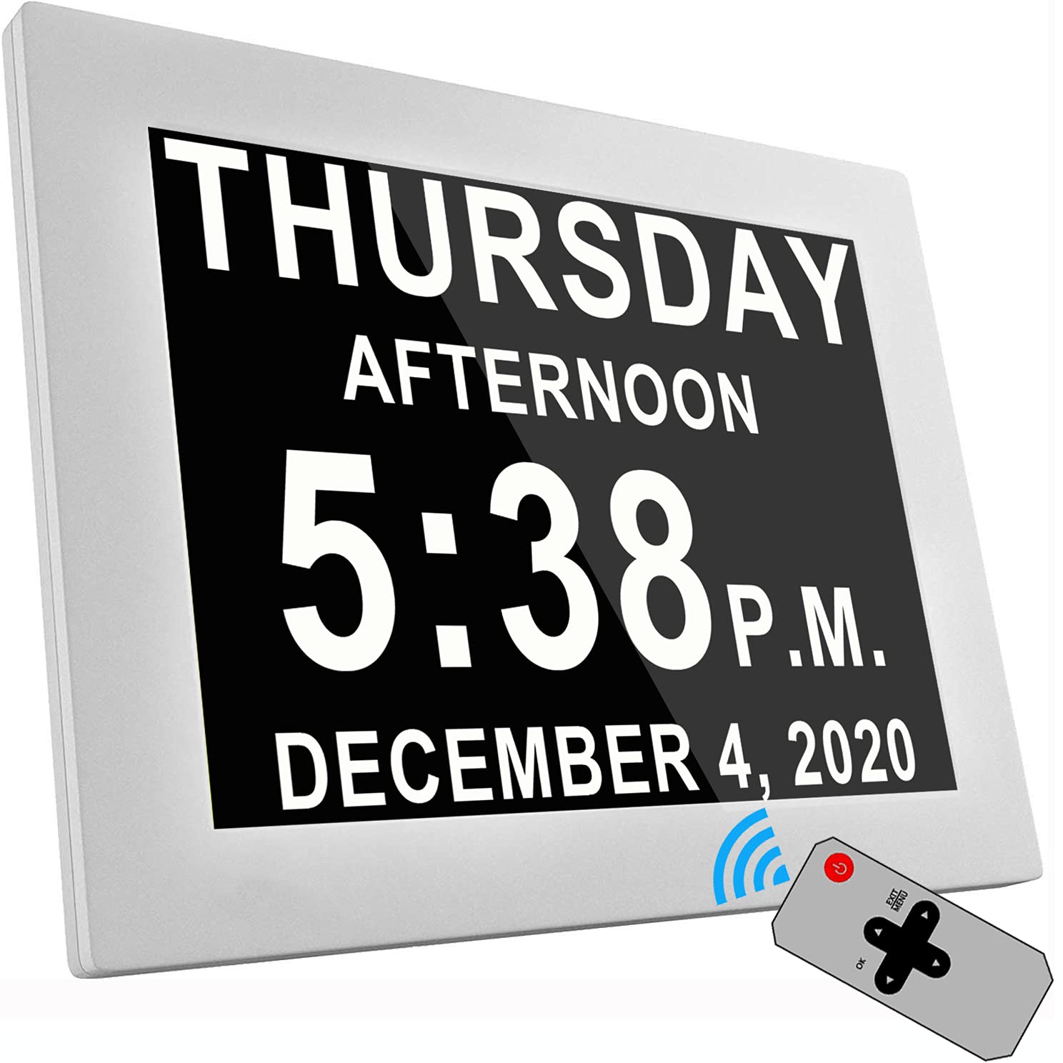 【Upgraded】 19 Alarms Dementia Clock w/ Remote Control, Custom Alarms,10 Auto-Dim Options, Non-Abbreviated Day Date Clock for Vision Impaired Elderly, Memory Loss Alzheimers (8 Inch)