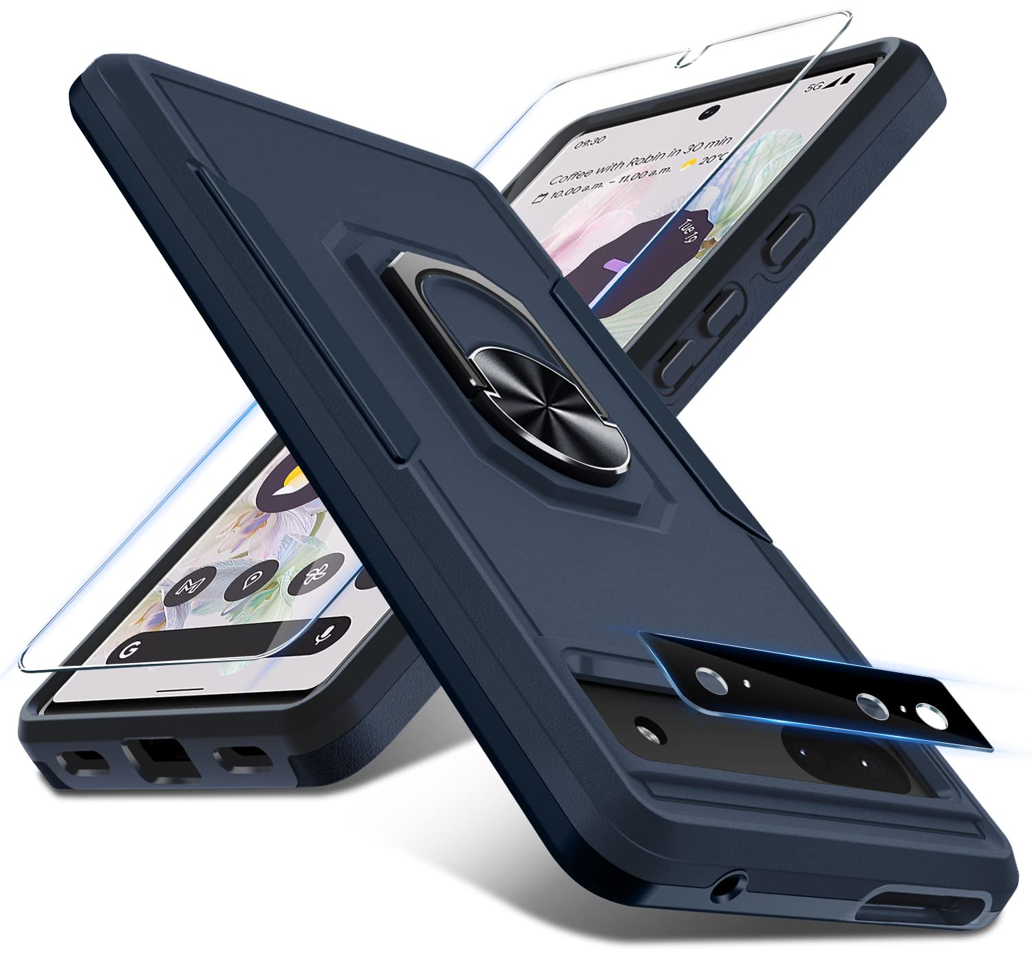 Google Pixel 7 Case with Screen Protector + Camera Lens Protector,Heavy Duty Shockproof Full Body Protective Phone Cover,Built in Rotatable Magnetic Ring Holder Kickstand,2022 Navy Blue