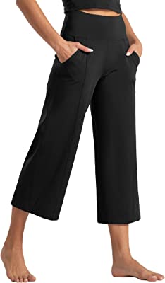Womens Lounge Yoga Capris Pants Bootleg Tummy Control High Waist Workout Flare Crop Pants with Pockets