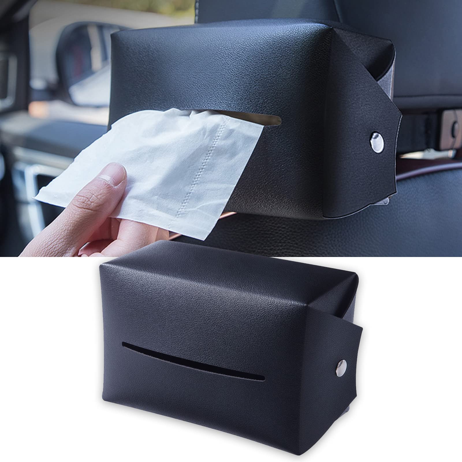 Ajxn 1 PC Car Tissue Holder, 6.7" x 4.5" x 3.3" Premium PU Leather Car Napkin Holder for Backseat, Car Tissue Holder Napkin Box Center Console and Sun Visor with Adjustable Strap (Black)