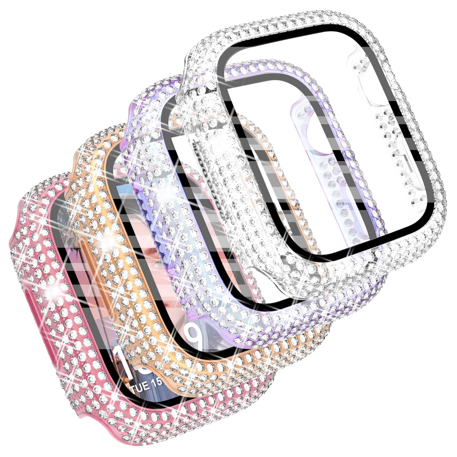 CHANCHY 4-Pack Compatible with Apple Watch Case 38mm Protective Bumper with Screen Protector, 200 Crystal Diamond Bling Cases Cover for Apple Watch Series 3 2 1, Rose Gold/Pink/Rainbow/Clear, 38mm