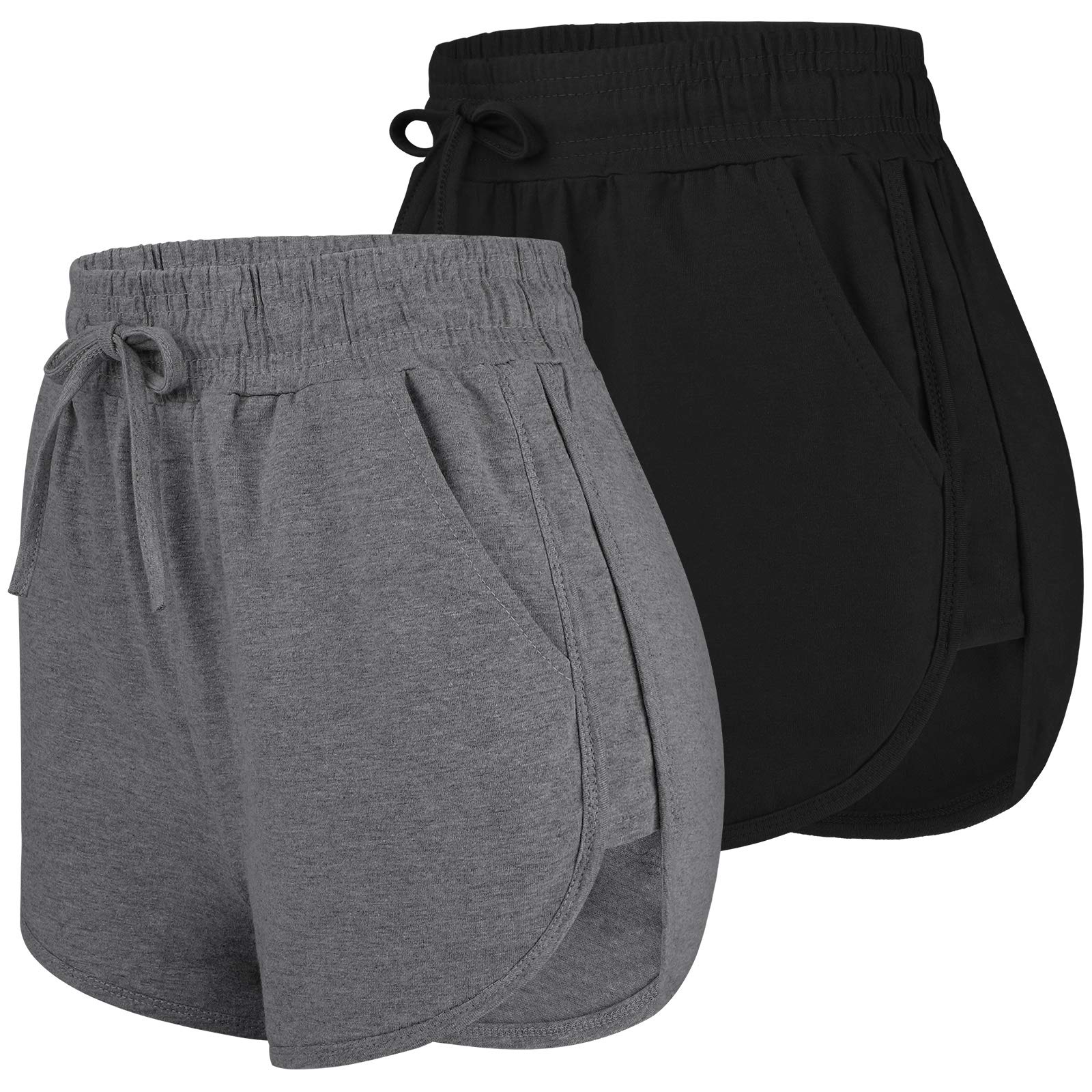 2 Pack Cotton Yoga Short Women Summer Running Gym Sports Waistband Shorts with Pockets