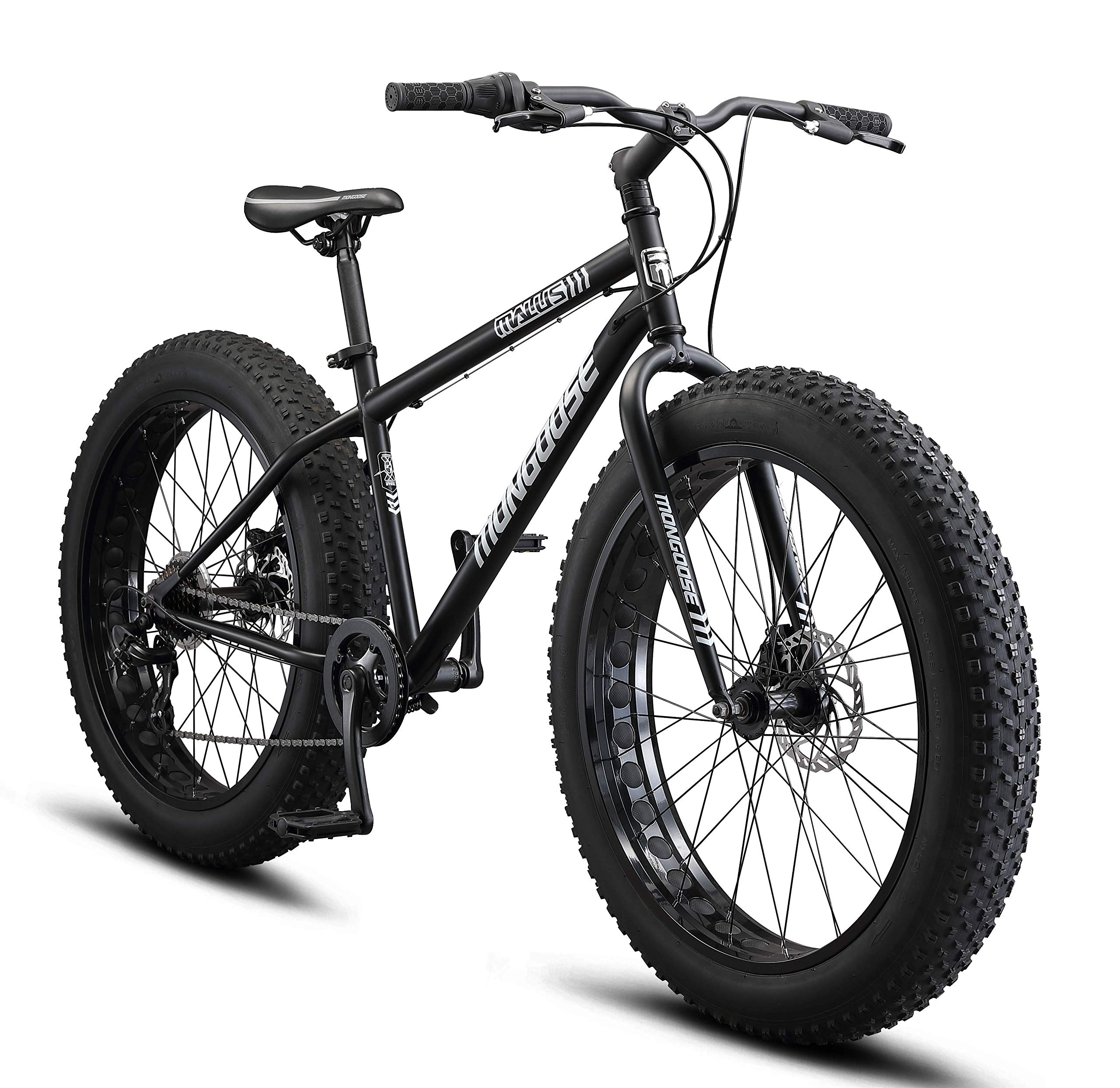 Mongoose Malus Adult Fat Tire Mountain Bike, 26-Inch Wheels, 7-Speed, Twist Shifters, Steel Frame, Mechanical Disc Brakes, Multiple Colors