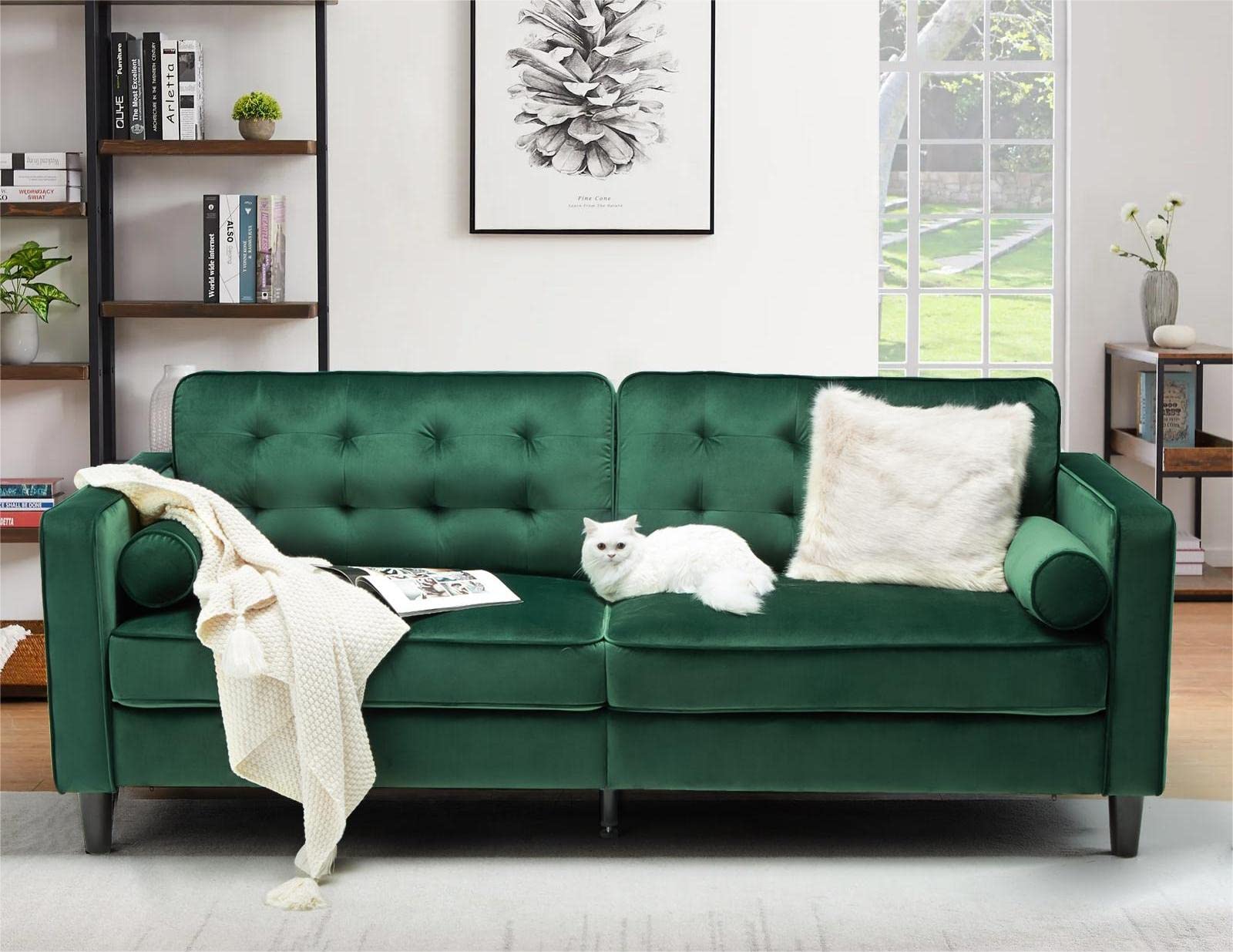 Esright 84.2" Green Velvet Couch Mid Century Modern Sofa,Tufted Velvet Fabric Sofa with 2 Bolster Pillows, Sofas Couches for Living Room, Apartment, Bedroom