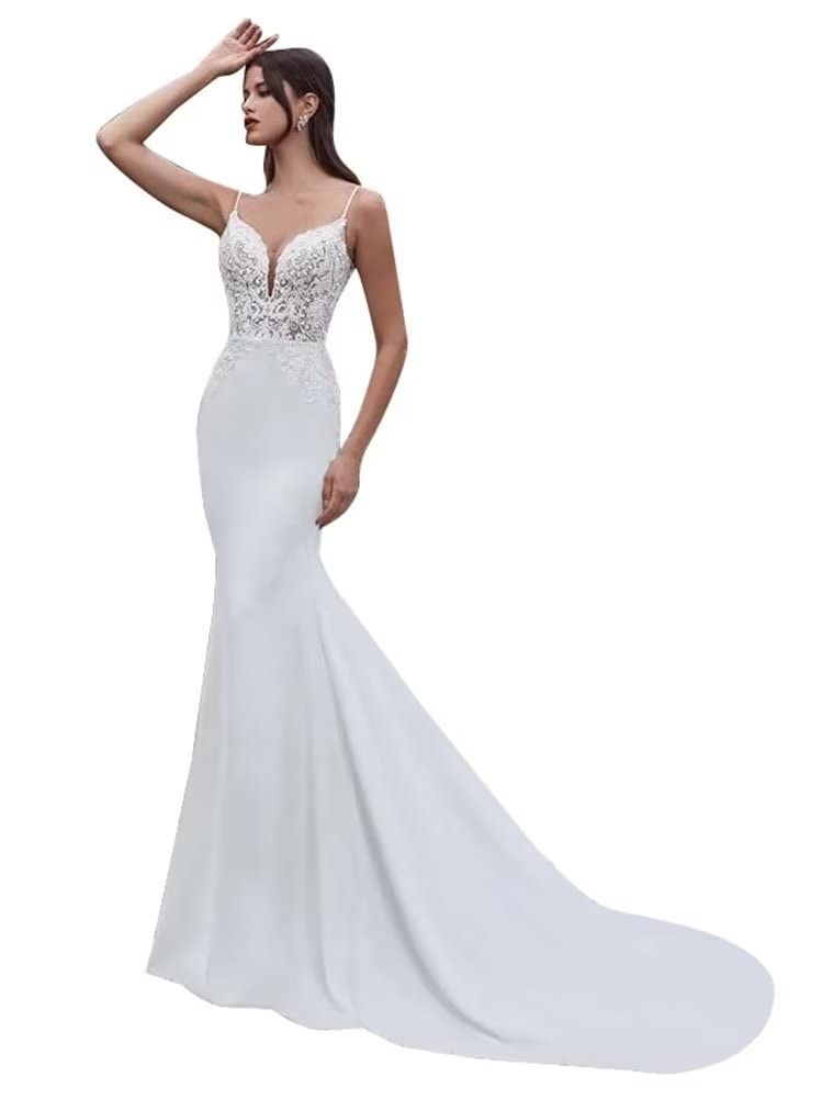 Simple Boho Wedding Dresses for Bride 2023 Mermaid Lace Spaghetti Straps V Neck Beach Bridal Gowns