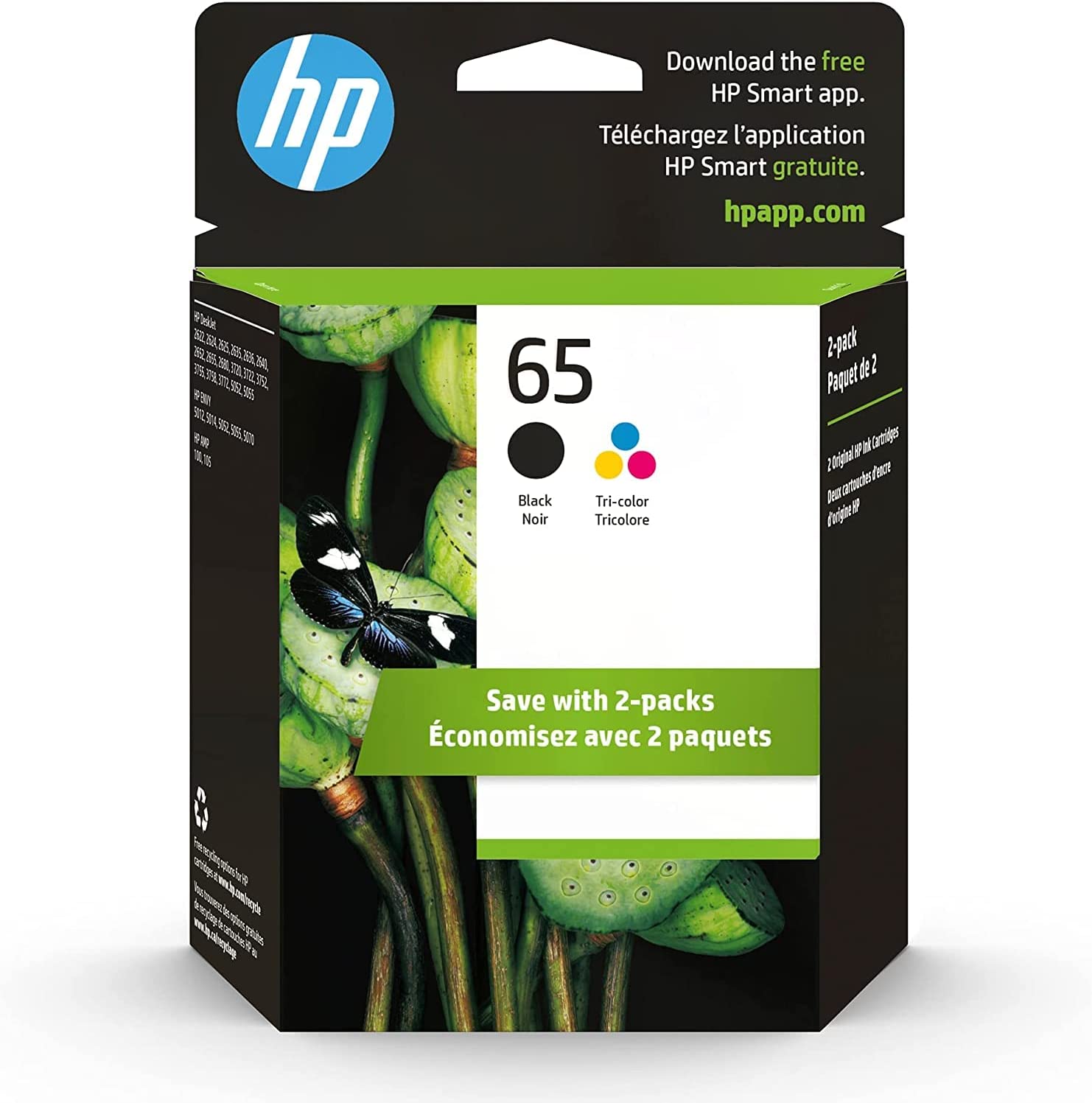         HP 65 Black/Tri-color Ink Cartridges (2-pack) | Works with HP AMP 100 Series, HP DeskJet 2600, 3700 Series, HP ENVY 5000 Series | Eligible for Instant Ink | T0A36AN       