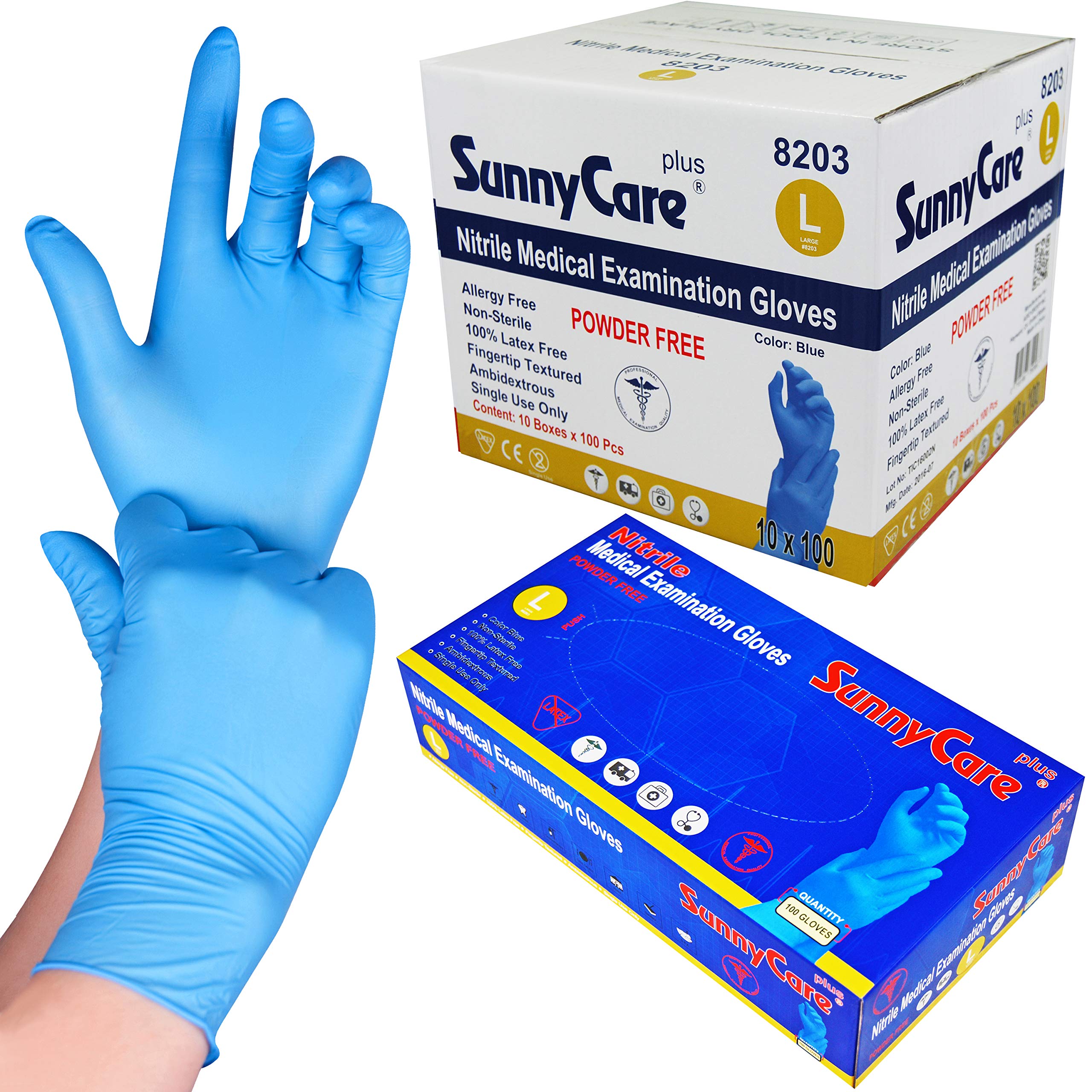1000 SunnyCare #8203 Blue Nitrile Medical Exam Gloves Powder Free Chemo-Rated (Non Vinyl Latex) 100/box;10boxes/case Size: Large