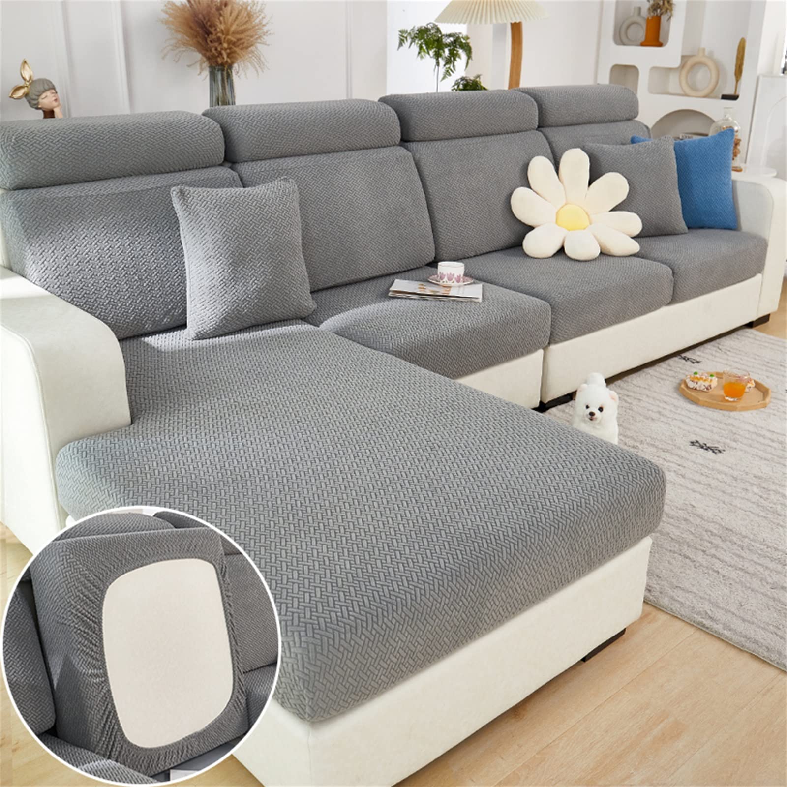 2022 New Wear-Resistant Sofa Cover Stretch Universal Elastic Couch Cushion Slipcovers Anti-Slip L Shape Sofa Cushion Slipcover Chaise Lounge Furniture Protector (Weave Gray, 1-Seater Cushion Cover)