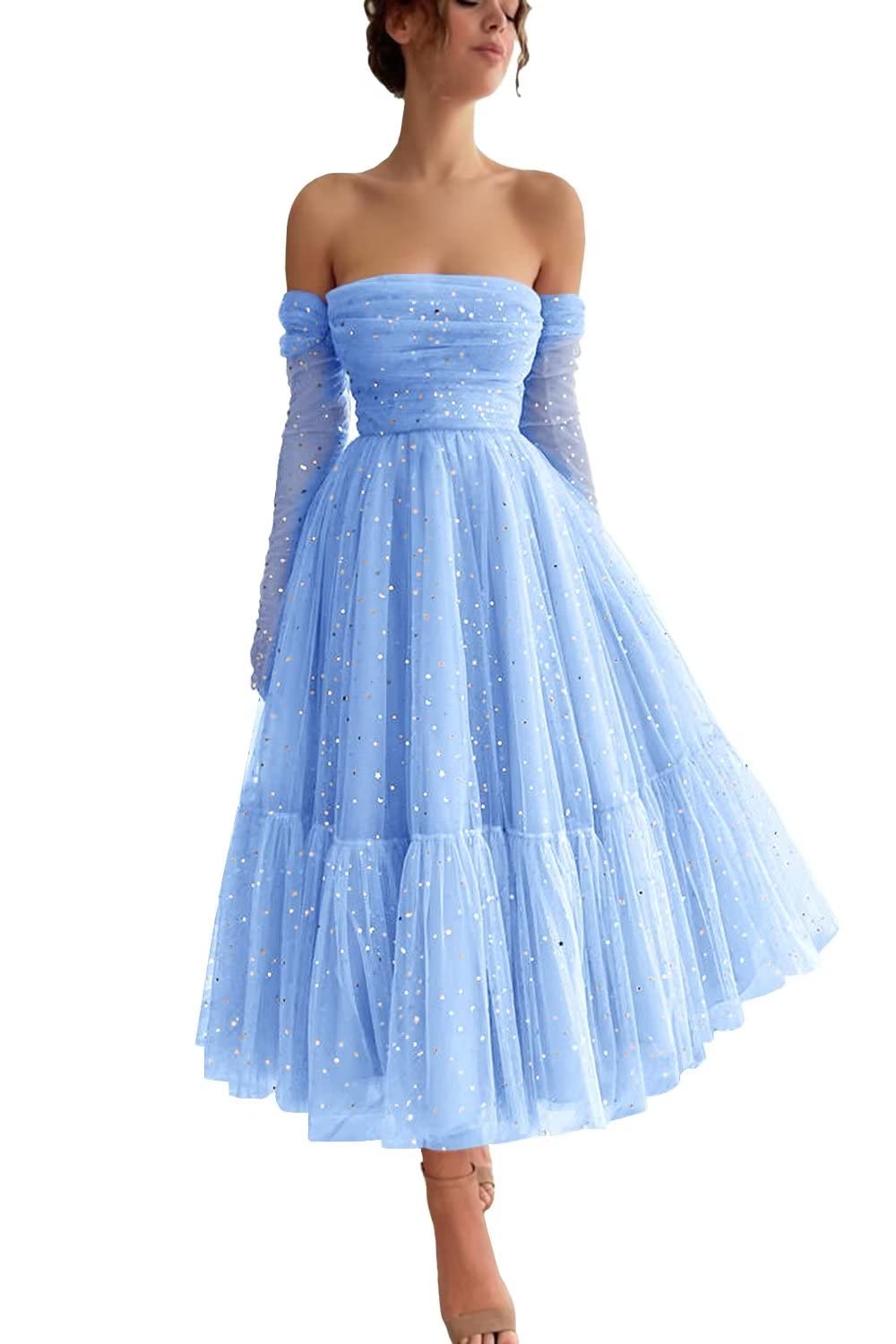 Women's Sparkly Starry Tulle Prom Dresses Tea Length Corset Formal Evening Gowns