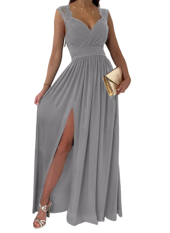 Womens 2023 Formal Dresses Wrap V-Neck Ruched Sexy Bridesmaid Wedding Guest Maxi Dresses