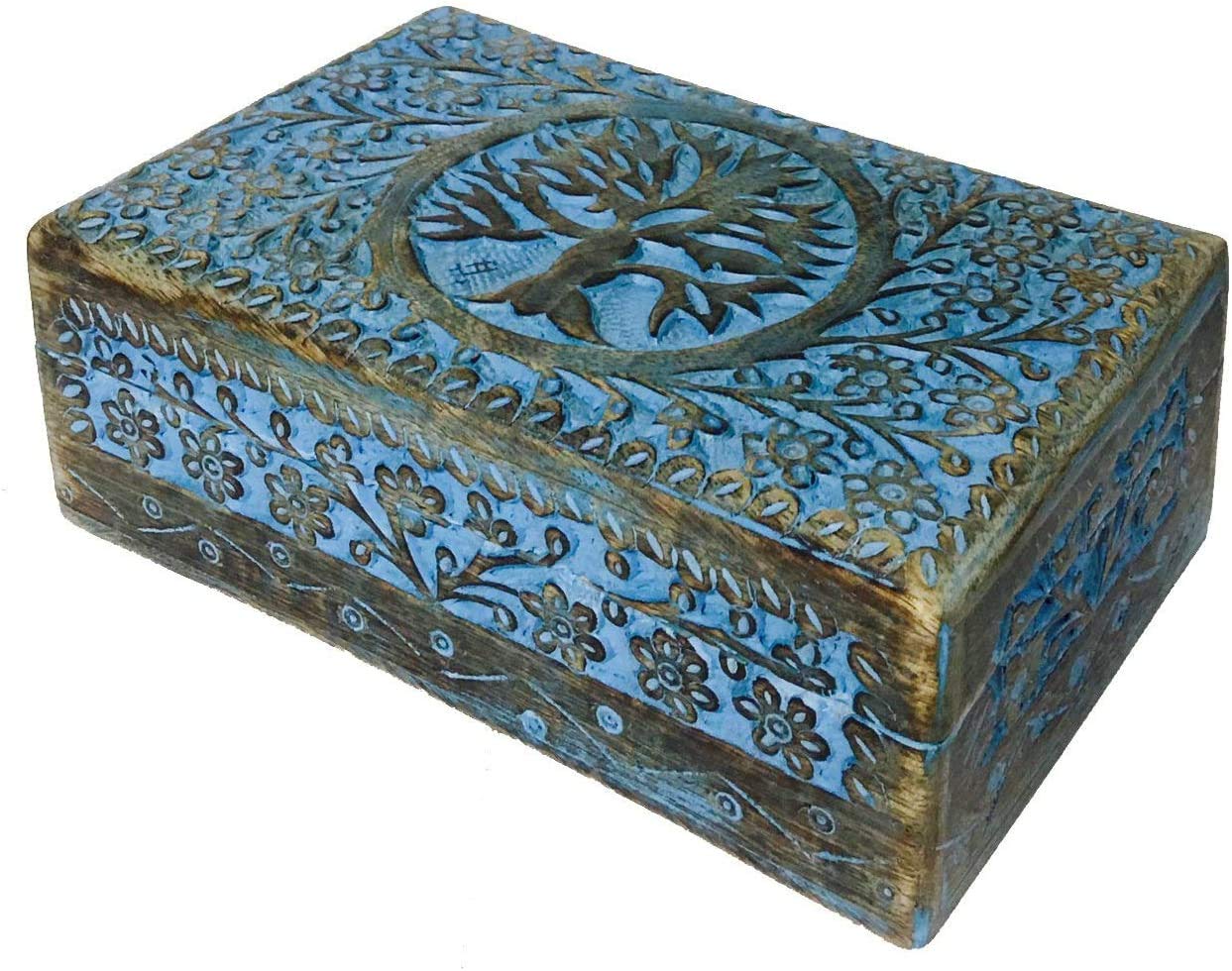 SUNDERSHALA Tea tree of life design wooden handcarved Jewellery organizer Box for necklace earrings coins watch trinket box with lid (8 x 5 x 2.5 inches) Blue