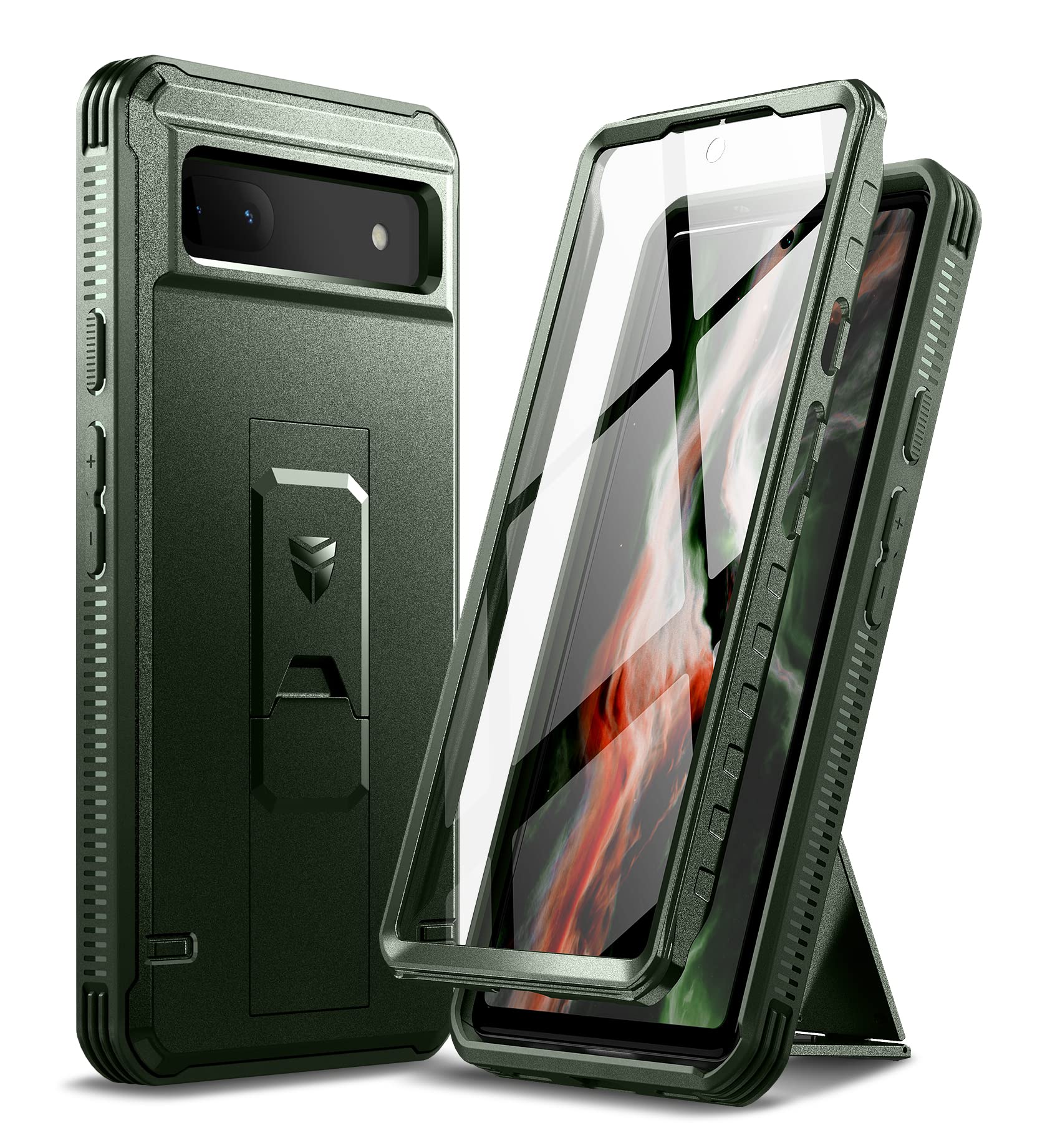 Dexnor Full Body Case for Google Pixel 6A, [Built in Screen Protector and Kickstand] Heavy Duty Military Grade Protection Shockproof Protective Cover for Google Pixel 6A (Military Green)