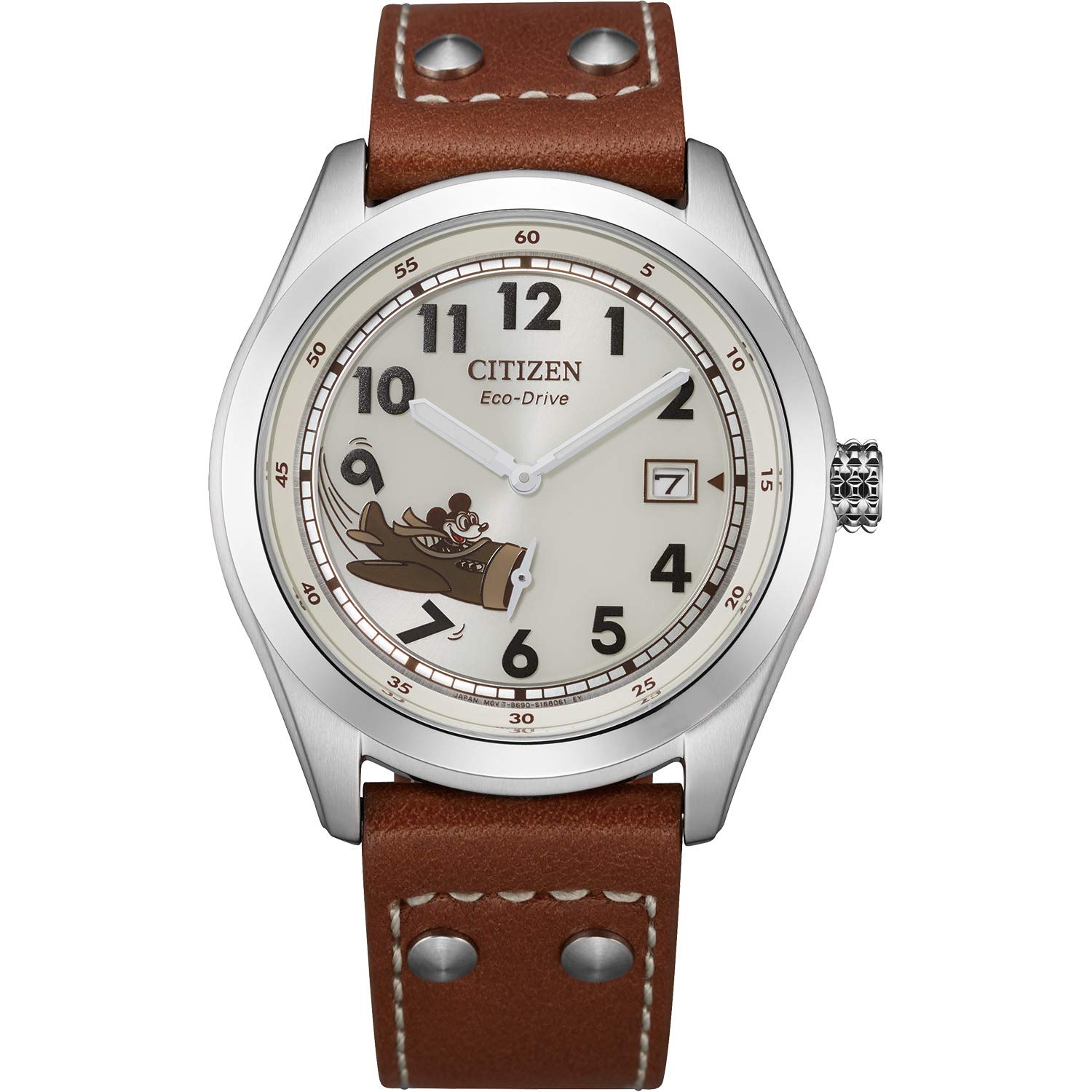 Eco-Drive Disney Quartz Mens Watch, Stainless Steel with Leather strap, Mickey Mouse, Brown (Model: BV1088-08W)